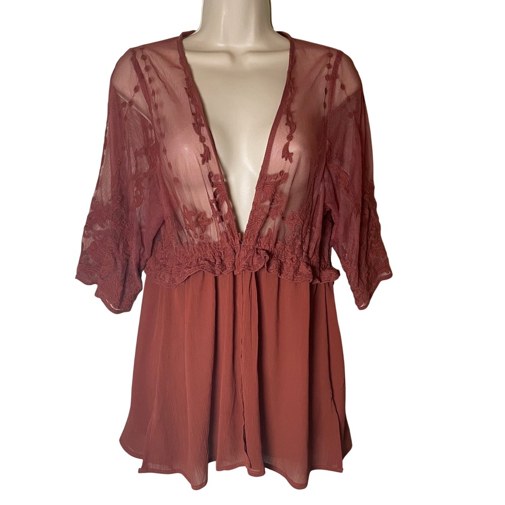 Pie In The Sky Women's Sheer Lace Top Size S/M Rust Boho Festival Concert Beach